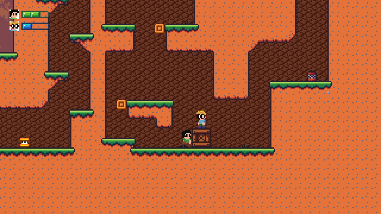 Gameplay cooperativa de BrosLand: um irmão sobe em uma caixa empurrada pelo outro para alcançar uma plataforma alta