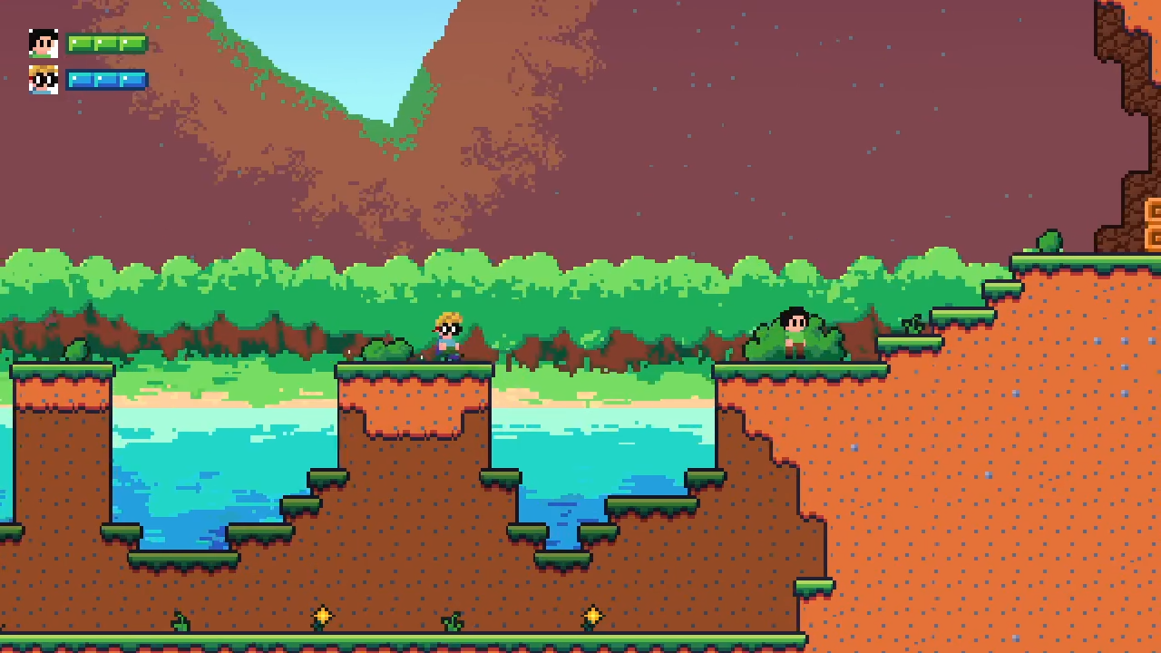 Gameplay de BrosLand mostrando os dois irmãos em uma floresta à beira-mar, com uma chave suspensa em uma árvore