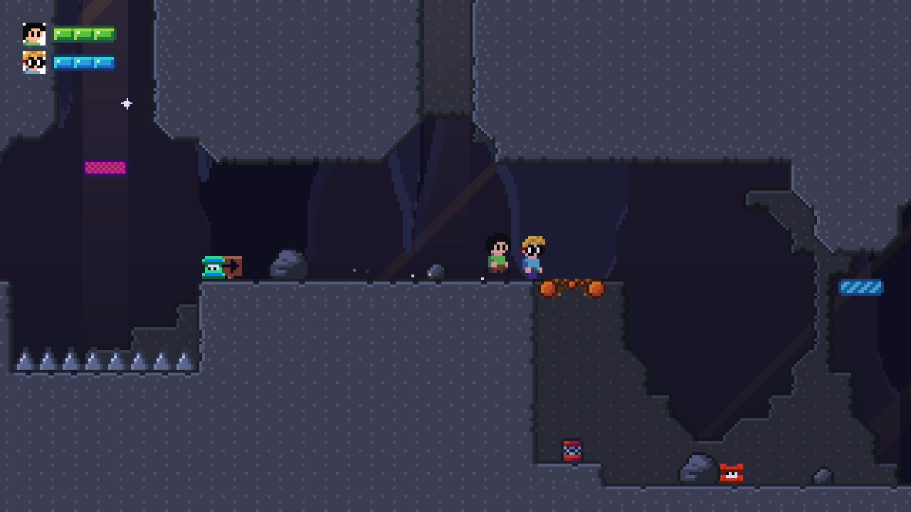 Gameplay de BrosLand no bioma de caverna, com os dois irmãos diante de inimigos e espinhos